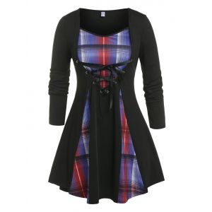 Plus Size Lace Up Plaid Tee, Black