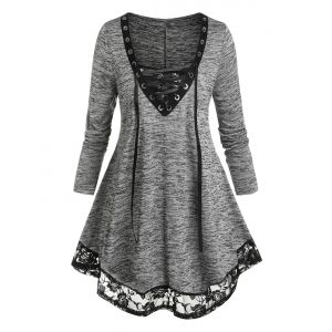 

Plus Size Lace Hem Space Dye Lace-up Tunic Tee, Dark gray