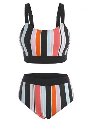 Maillot de Bain Bikini Rayé Coloré à Coupe Haute - MULTI - M