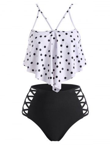 Flounce Overlay Polka Dot Strappy Criss Cross Tankini Swimwear - BLACK - S