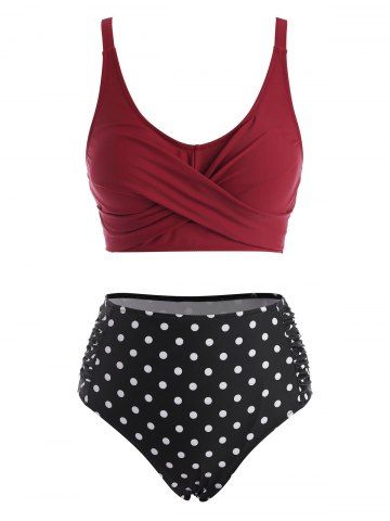 Polka Dot Colorblock Ruched Criss Cross Tankini Swimwear - DEEP RED - S