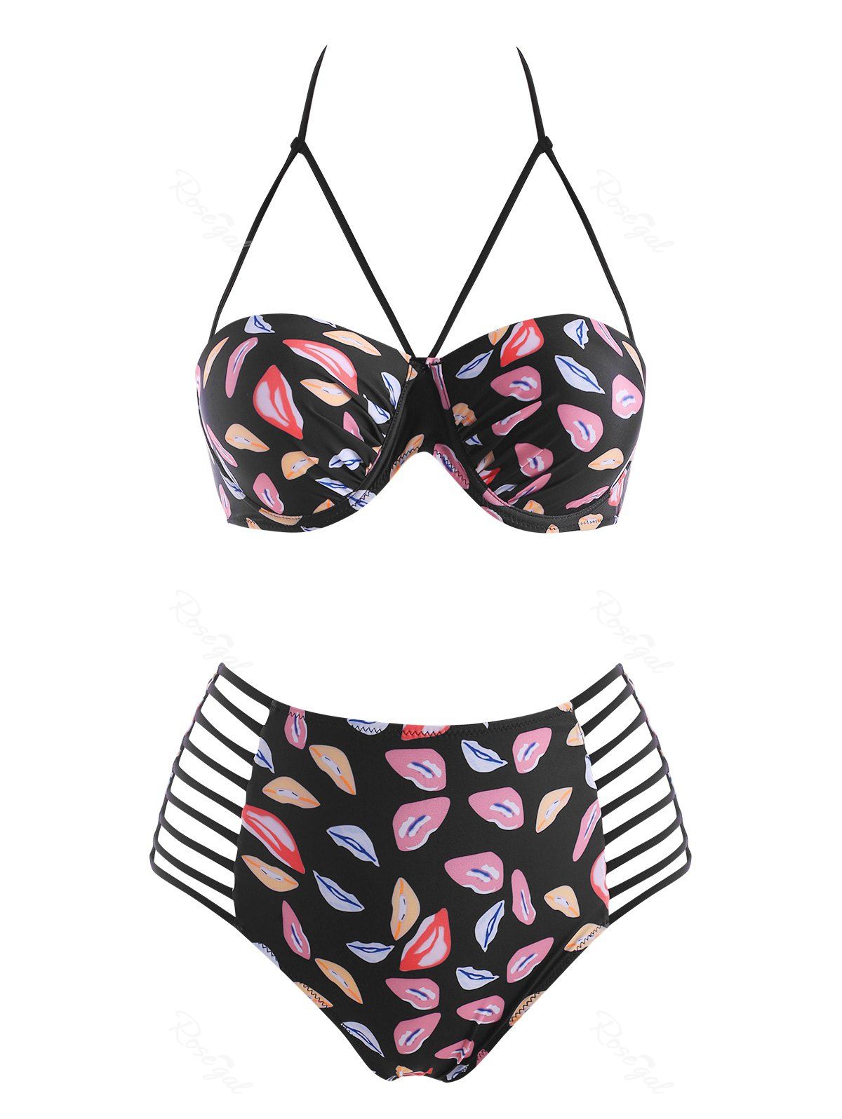 Shop Plus Size Lip Print Push Up Ladder Cutout Bikini Swimwear  