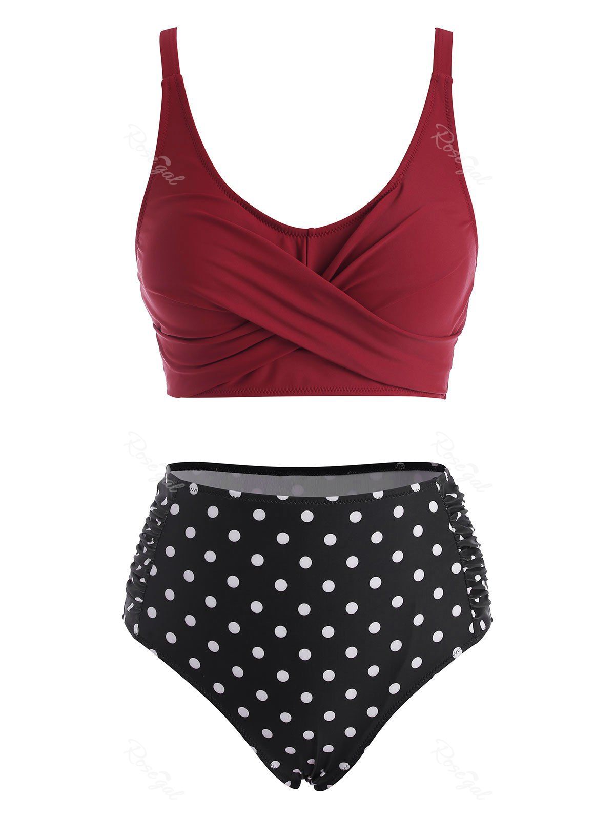 Outfit Polka Dot Colorblock Ruched Criss Cross Tankini Swimwear  