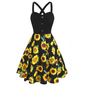 

Sunflower Print Mock Button Criss Cross Dress, Black