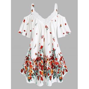 

Plus Size Flower Print Cold Shoulder Lace Insert Dress, White