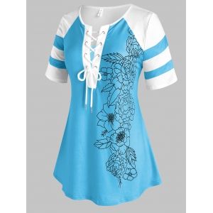 

Plus Size Lace Up Floral Colorblock T Shirt, Light blue
