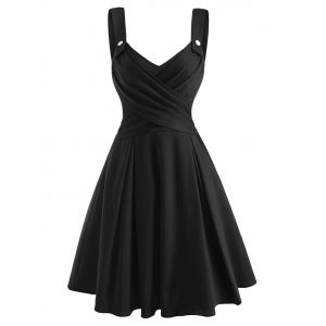 

Mock Button Criss Cross Sweetheart Dress, Black