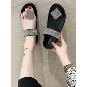 

Rhinestone Embellished Thick Sole Thong Slides, Black