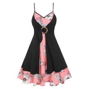 

Floral Print O Ring Layered Dress, Light pink