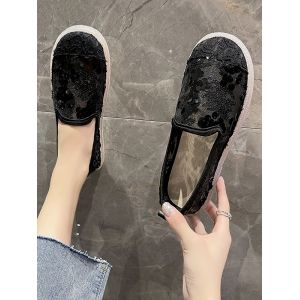 

Round Toe Sequined Mesh Slip-On Shoes, Black