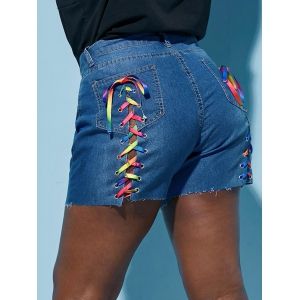 

Raw Hem Colorful Lace Up Back Plus Size Denim Shorts, Blue