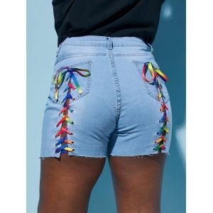 

Raw Hem Colorful Lace Up Back Plus Size Denim Shorts, Light blue