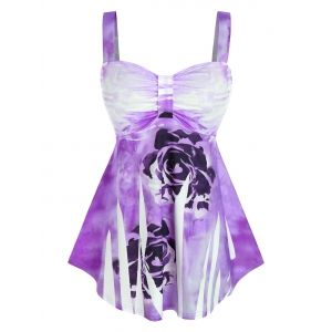 

Plus Size Tie Dye Flower Ruched Backless Tank Top, Purple