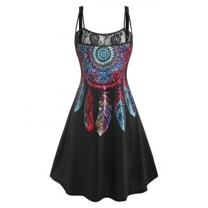 

Plus Size Lace Panel Dreamcatcher Print Dress, Black