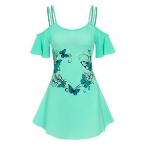 Cold Shoulder Strappy Butterfly Print Dress, Light green