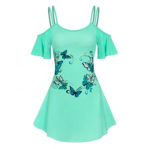 

Cold Shoulder Strappy Butterfly Print Dress, Light green