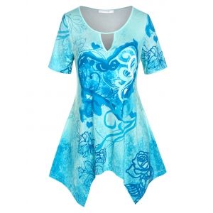 

Plus Size Flower Keyhole Cutout Hanky Hem T-shirt, Light blue