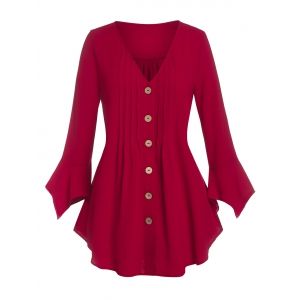 

Plus Size Pintuck Ruffle Cuff Round Hem Blouse, Deep red