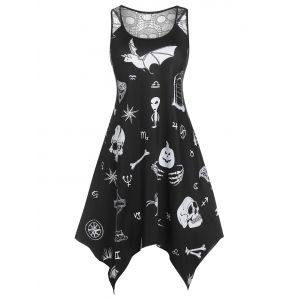 

Plus Size Halloween Printed Lace Panel Handkerchief Dress, Black