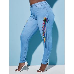 

Skinny Colorful Lace Up Front Plus Size Jeans, Light blue