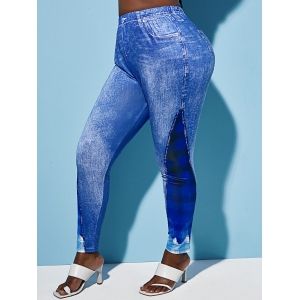 

Plus Size Checked Panel 3D Print Jeggings, Blue