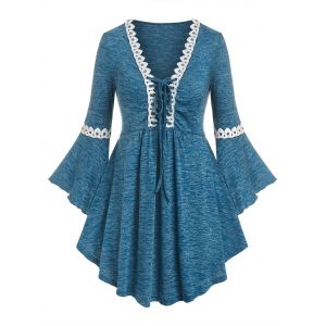 

Plus Size Lace Up Bell Sleeve Tee, Deep blue