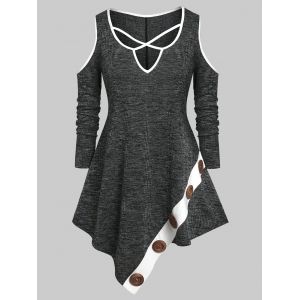 

Plus Size Cold Shoulder Irregular Knitted Tee, Black