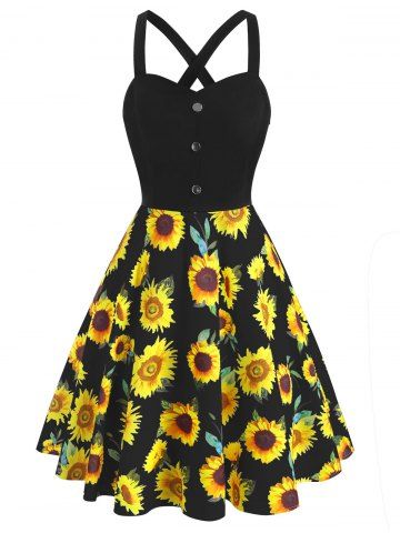 Sunflower Print Mock Button Criss Cross Dress - BLACK - 2XL