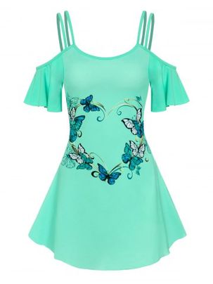 Cold Shoulder Strappy Butterfly Print Dress