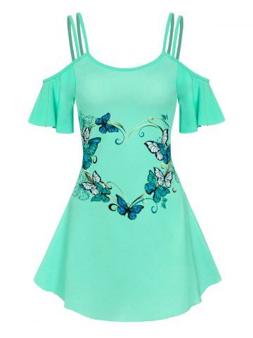 Cold Shoulder Strappy Butterfly Print Dress - LIGHT GREEN - L