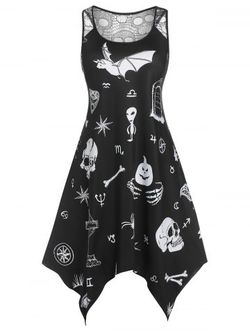 Plus Size Halloween Printed Lace Panel Handkerchief Dress - BLACK - 2X