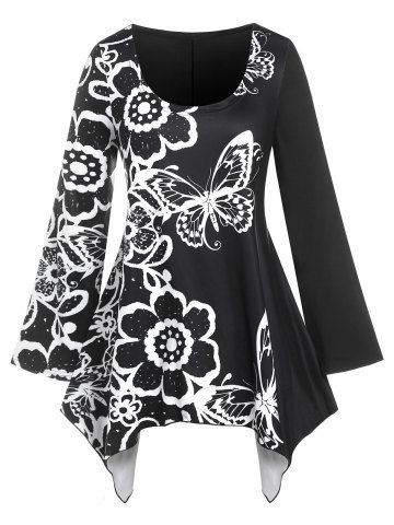 T-shirt Mouchoir à Imprimé Papillon et Fleur de Grande Taille - BLACK - 5X
