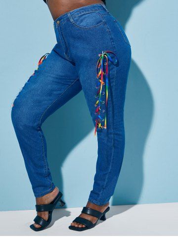 Skinny Colorful Lace Up Front Plus Size Jeans - BLUE - 4XL