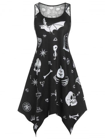 Plus Size Halloween Printed Lace Panel Handkerchief Dress - BLACK - L
