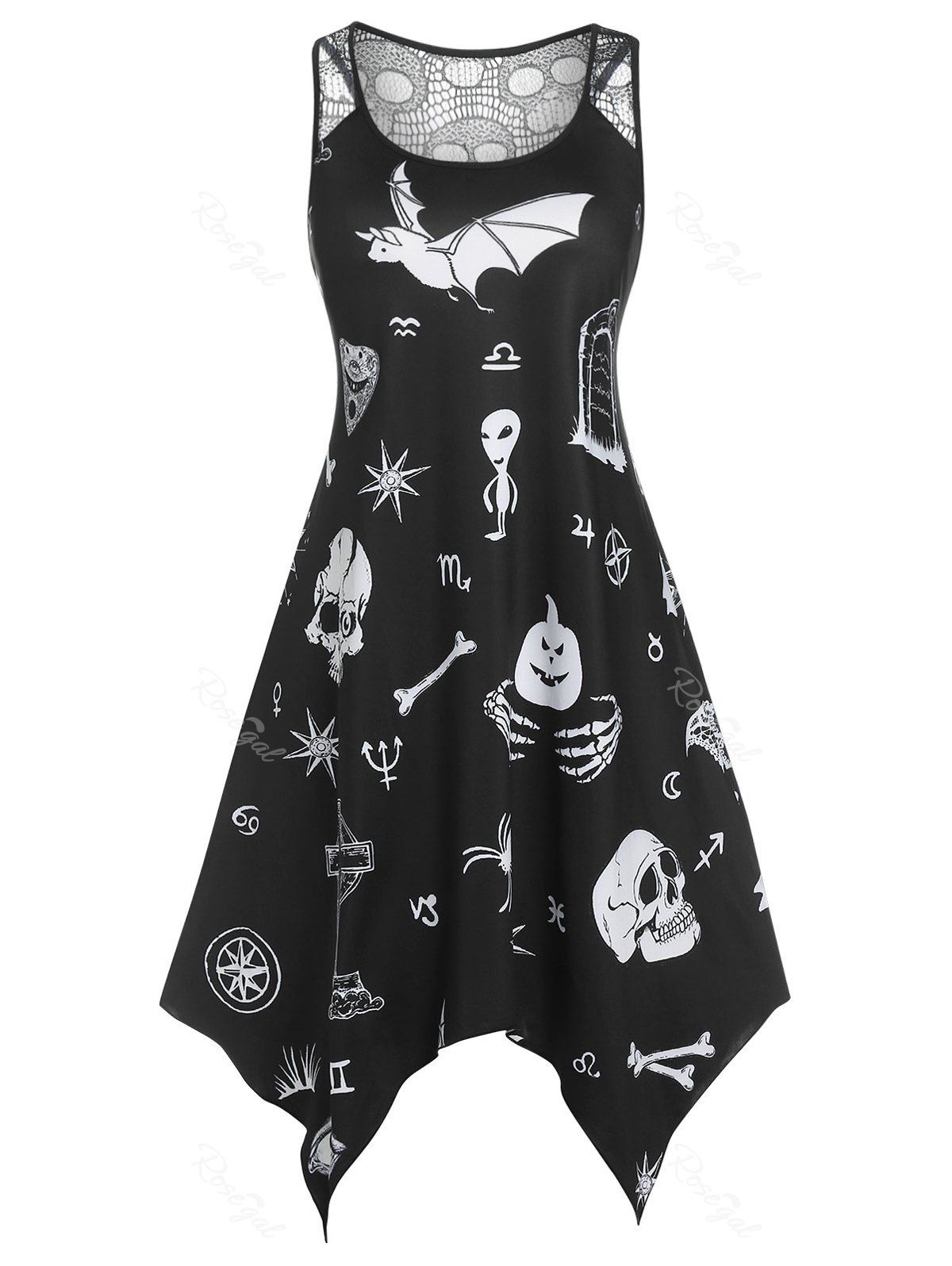 Outfit Plus Size Halloween Printed Lace Panel Handkerchief Dress  