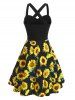 Sunflower Print Mock Button Criss Cross Dress -  