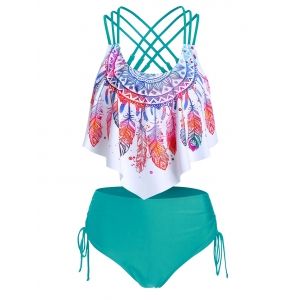 

Feather Print Strappy Pointed Hem Tankini Swimwear, Medium turquoise