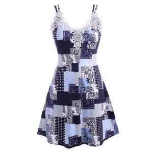 

Plus Size Guipure Lace Trim Patchwork Print Dress, Deep blue