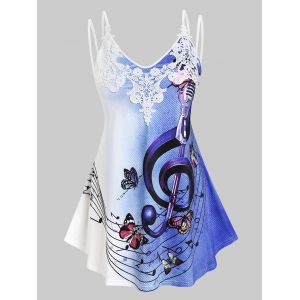 

Plus Size Musical Notes Print Lace Applique Tank Top, Blue