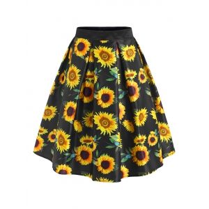 

Knee Length Sunflower Print Skirt, Black