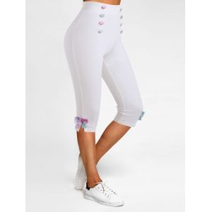 

Plaid Insert Bowknot Mock Button Slit Crop Leggings, White