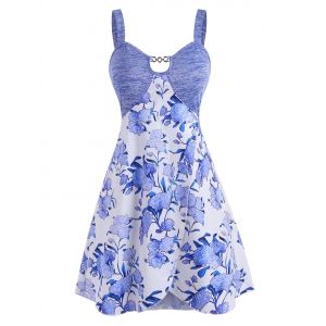 

Chain Embellished Flower Print Keyhole Tulip Hem Tank Top, Blue