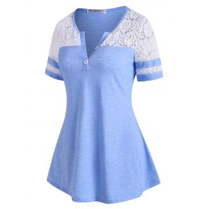 

Lace Panel Button Placket Two Tone T Shirt, Light blue