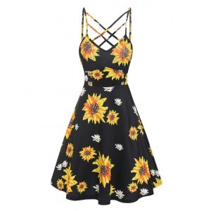 

Spaghetti Strap Flower Print Criss-cross Dress, Black