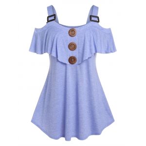 

Plus Size Ruffle Cold Shoulder Buckled Tee, Light purple