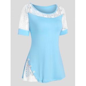 

Lace Insert Mock Button Two Tone T Shirt, Light blue