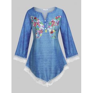 

Plus Size Lace Panel Floral Print 3D Denim Top, Blue