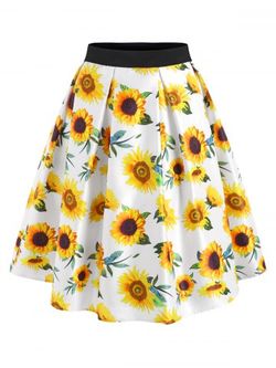 Knee Length Sunflower Print Skirt - WHITE - XL