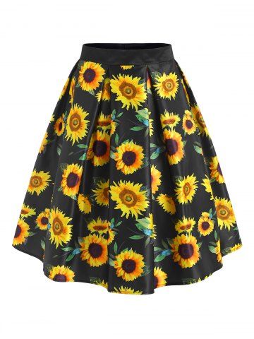 Knee Length Sunflower Print Skirt - BLACK - S