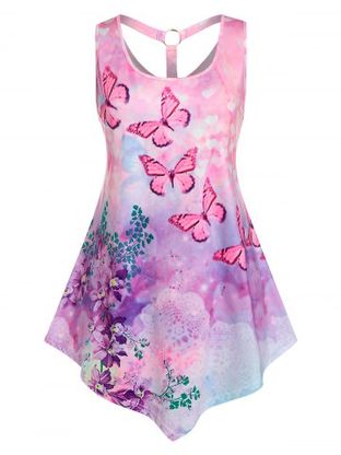 Plus Size & Curve Watercolor Floral Butterfly Ring Cutout Tank Top
